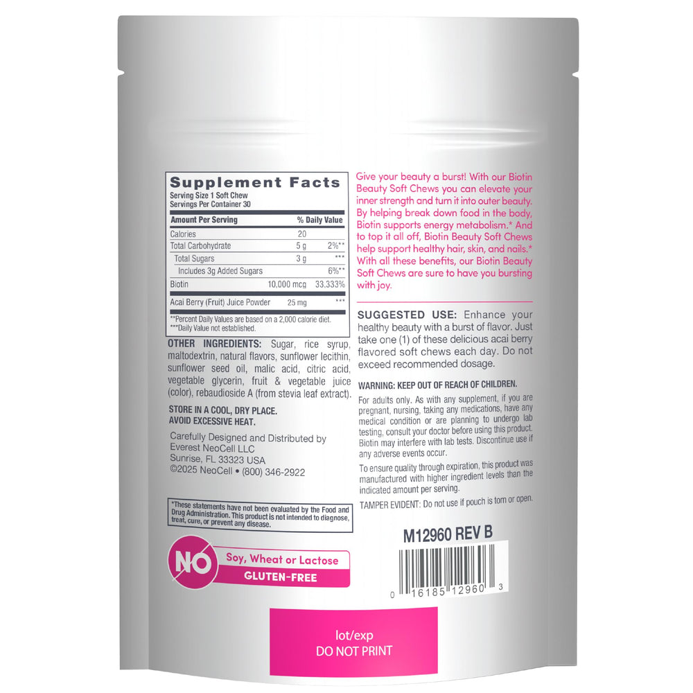 NeoCell Biotin Beauty Soft Chews acai berry bottle close-up showing texture.