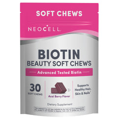 NeoCell Biotin Beauty Soft Chews acai berry flavor bottle promotes healthy hair and nails.
