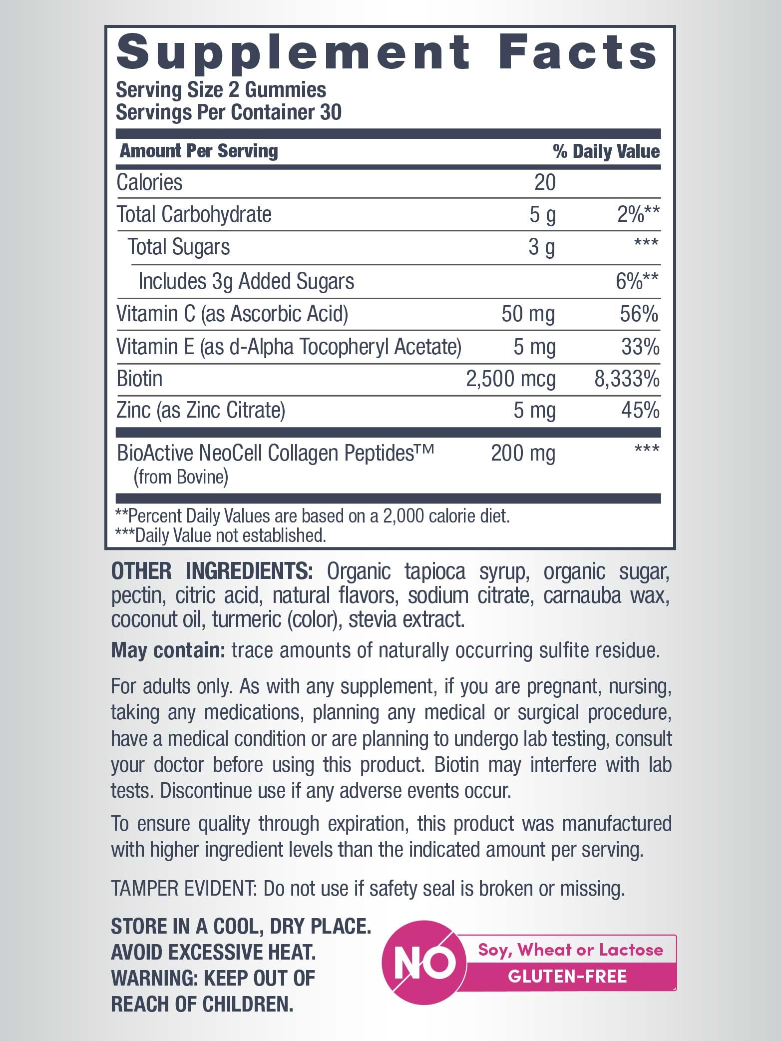 NeoCell biotin and vitamins closeup showing essential nutrients.