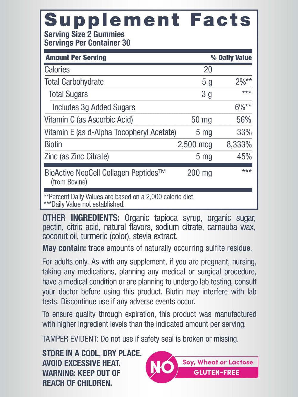 NeoCell biotin and vitamins closeup showing essential nutrients.