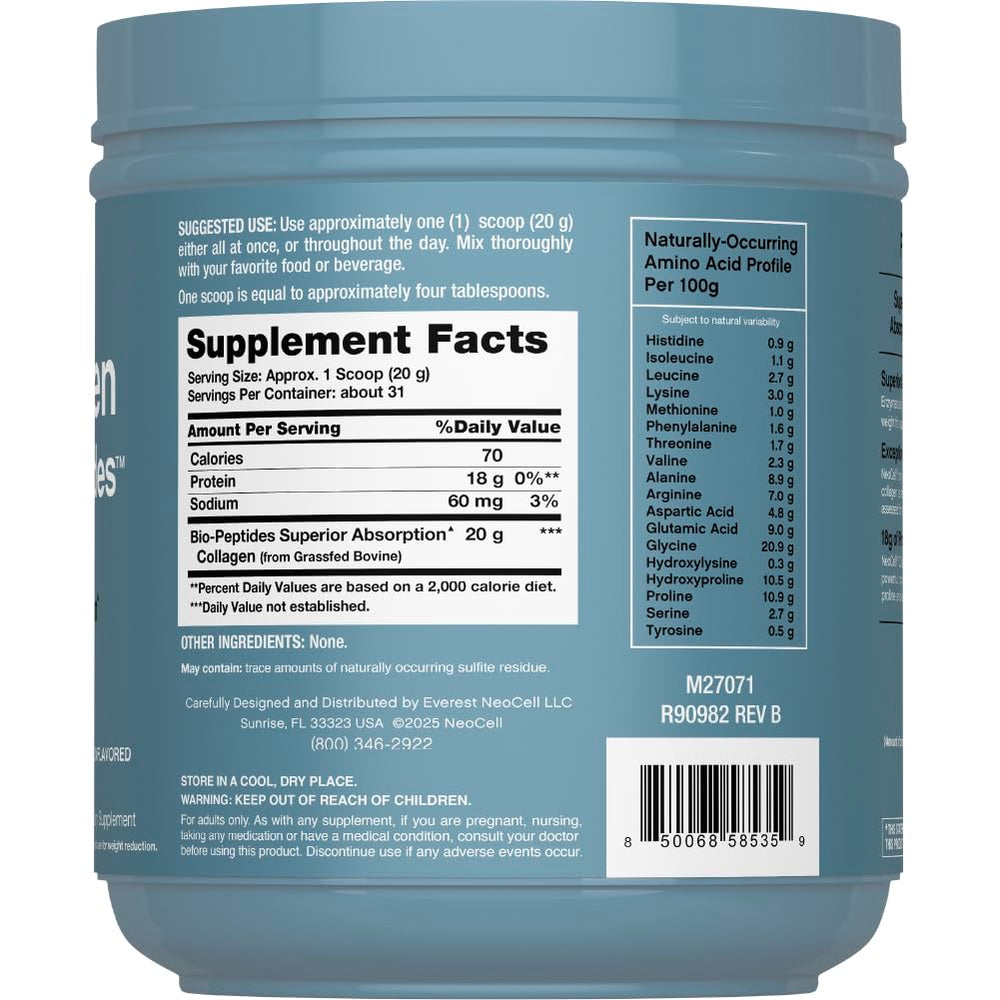 NeoCell Collagen Bio-Peptides powder with measuring spoon allows precise daily servings.