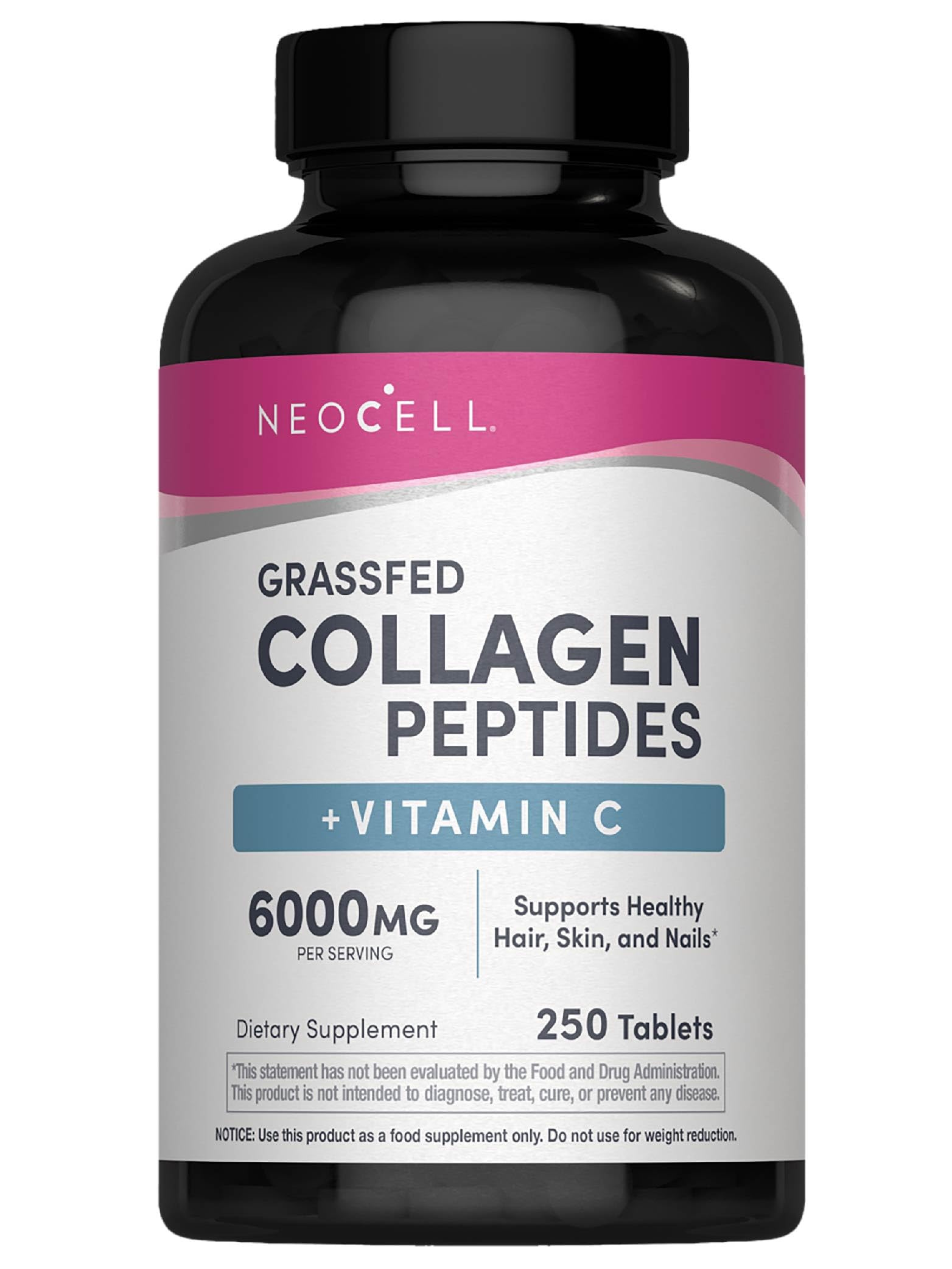 NeoCell Collagen Peptides bottle front highlighting grass-fed collagen for skin and nails