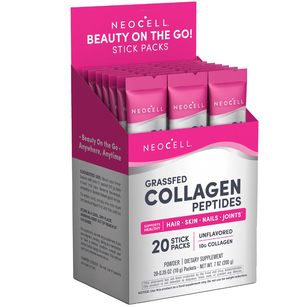 NeoCell Collagen Peptides stick pack shown for convenient daily beauty support