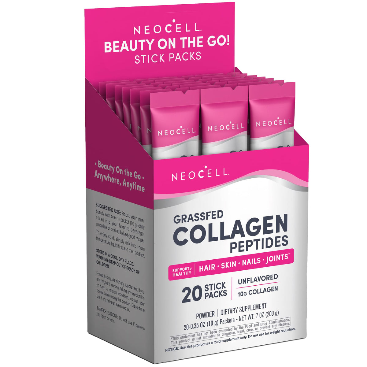 NeoCell Collagen Peptides stick pack shown for convenient daily beauty support