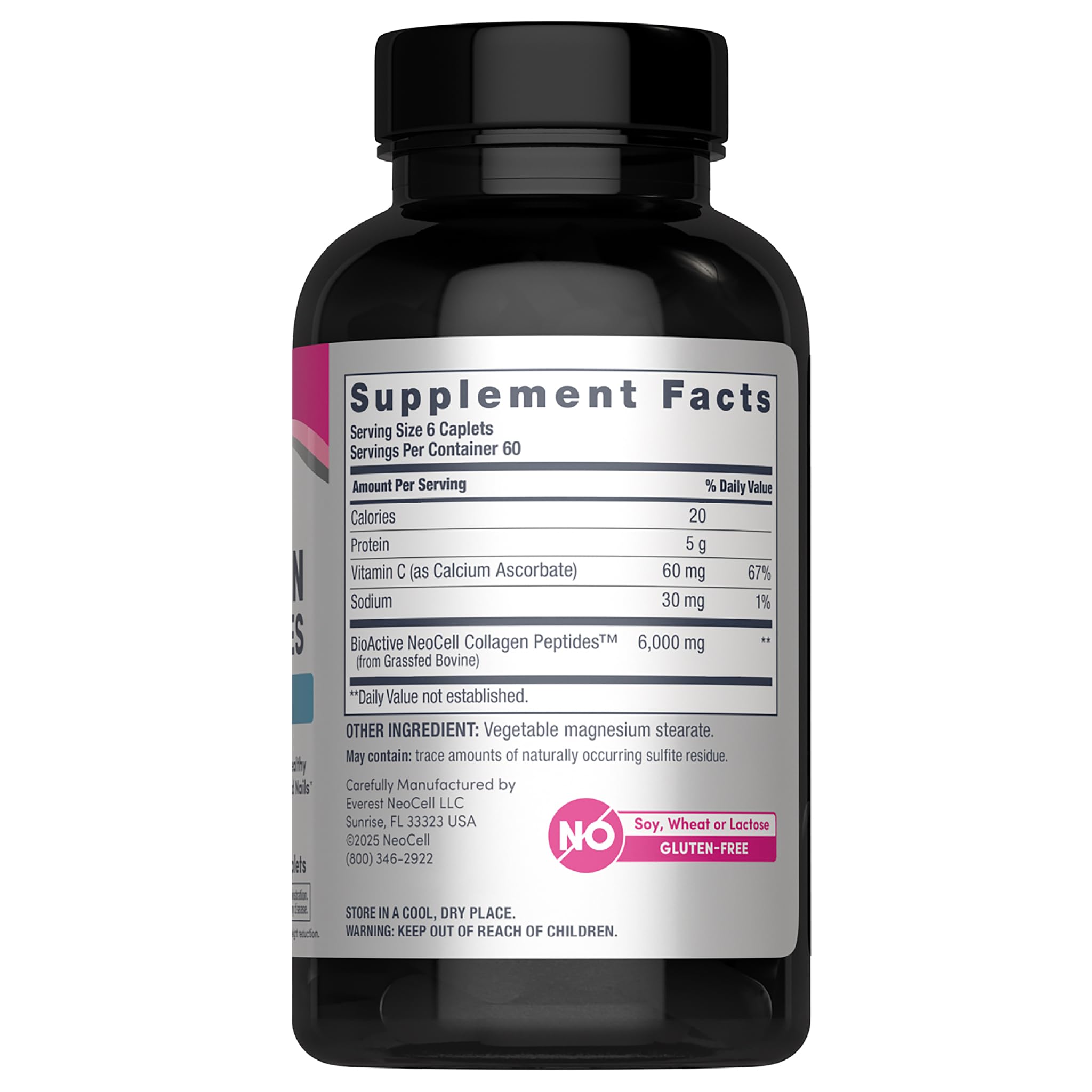 NeoCell collagen peptides tablets close-up highlighting hydrolyzed, easily absorbed formula.