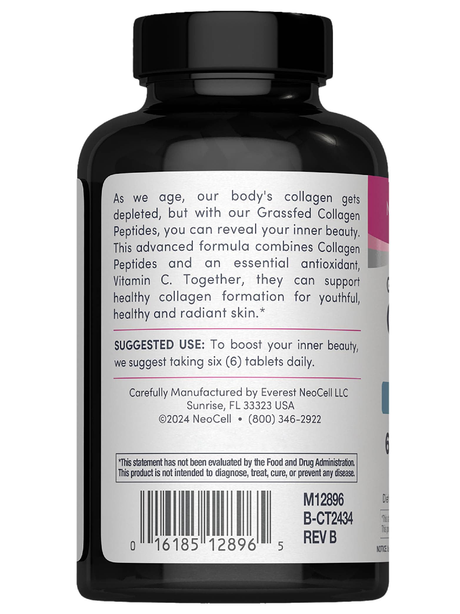 NeoCell collagen tablets close-up emphasizing a daily six-tablet dosage