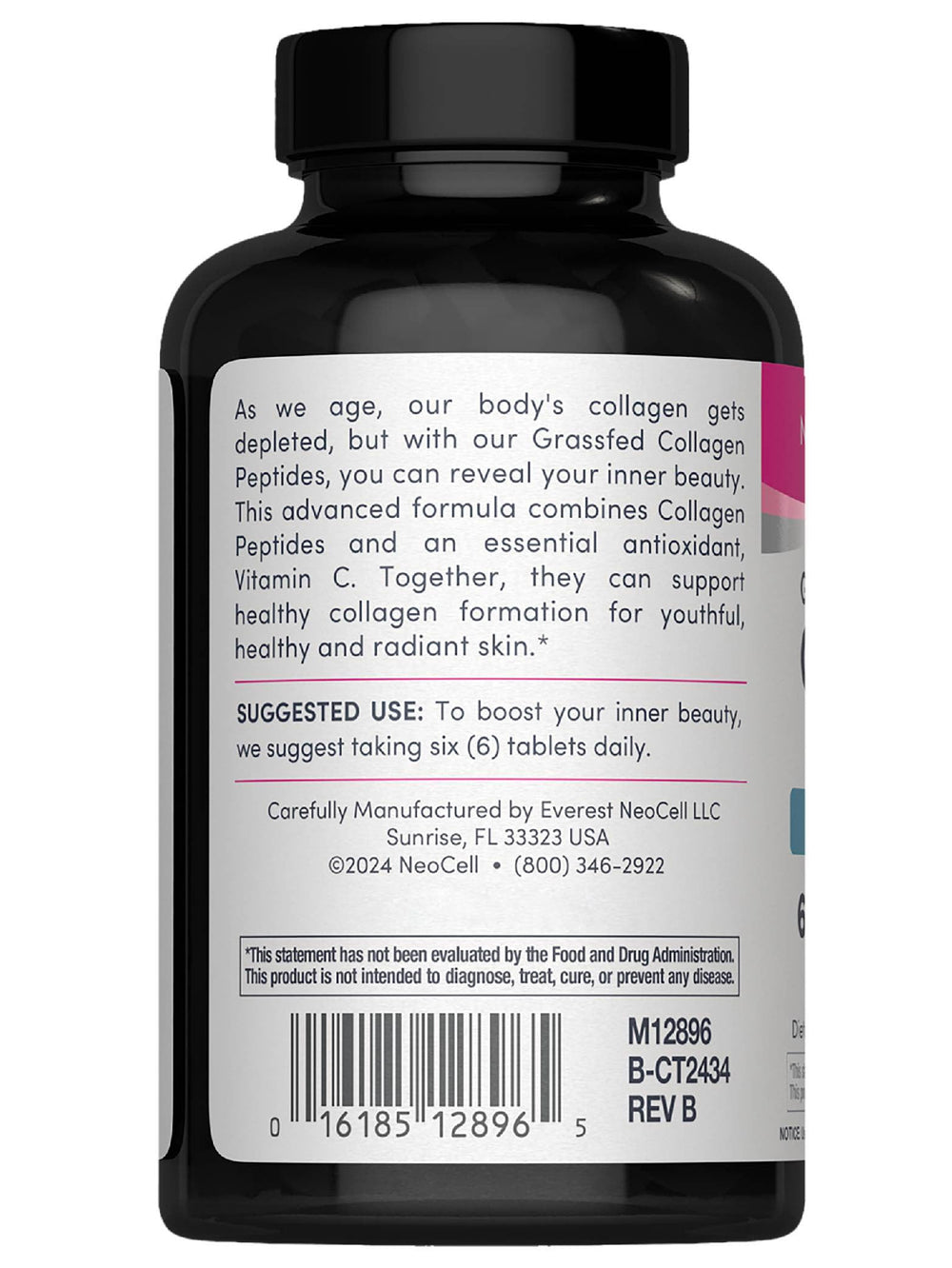 NeoCell collagen tablets close-up emphasizing a daily six-tablet dosage