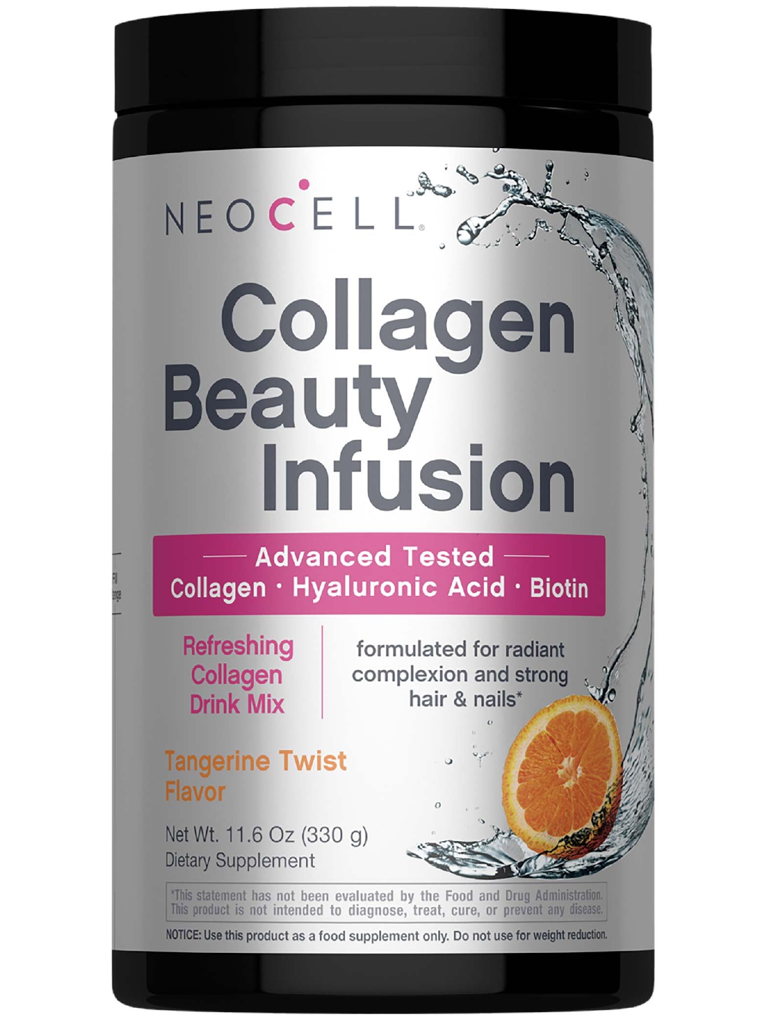 NeoCell Collagen Peptides Tangerine Twist front canister promotes radiant skin.