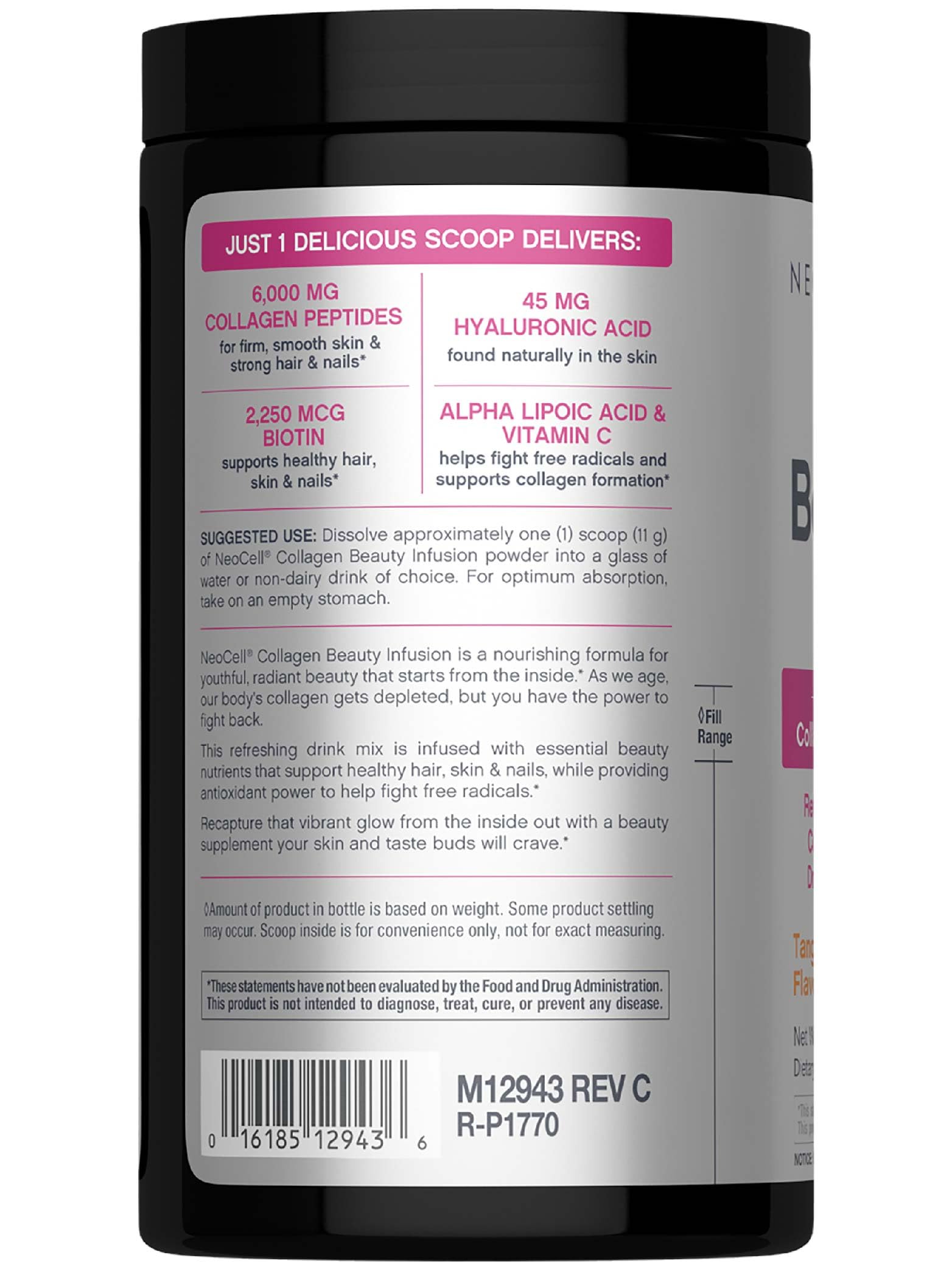 NeoCell Collagen Peptides Tangerine Twist being poured into a glass for hydration.