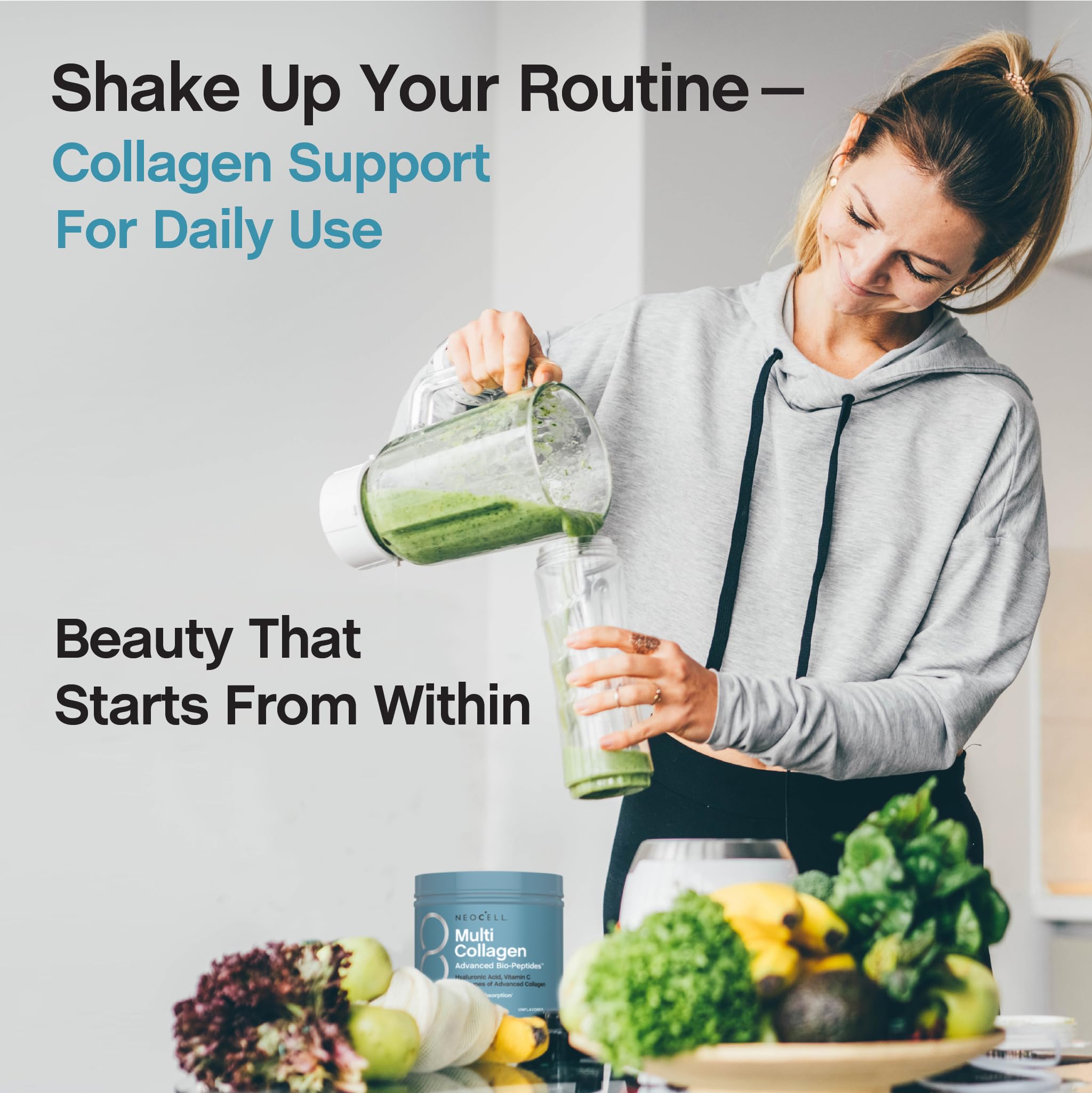 NeoCell daily wellness setup with glass of water and scoop.