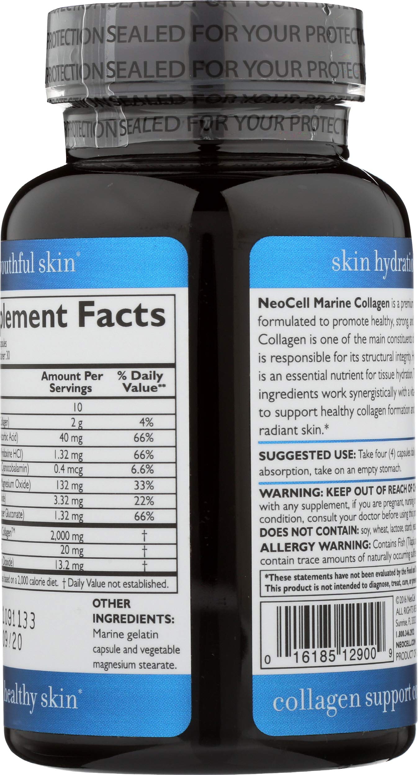 NeoCell Fish Collagen Plus bottle back with ingredient details.