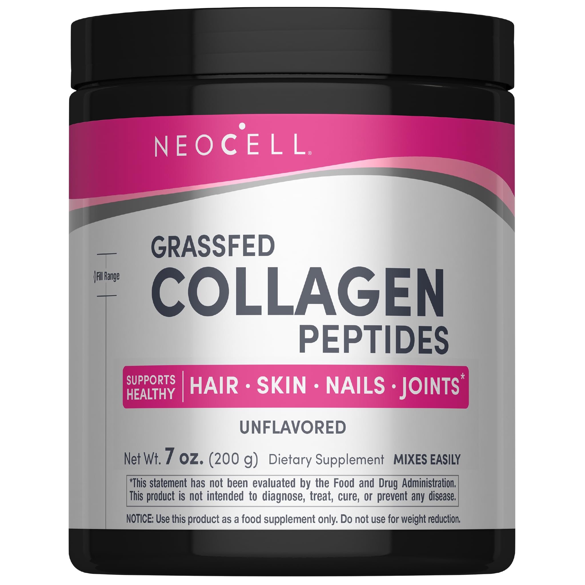 NeoCell Grassfed Collagen Peptides powder bottle highlighting skin support.
