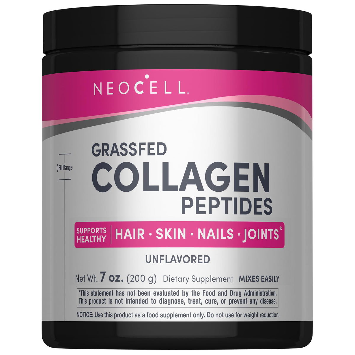 NeoCell Grassfed Collagen Peptides powder bottle highlighting skin support.