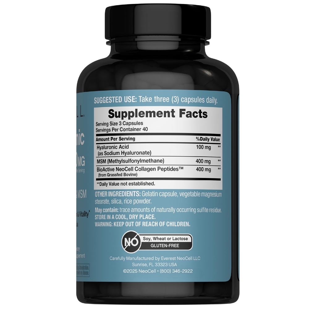 NeoCell Hyaluronic Acid Complex capsules ready for on the go supplementation.