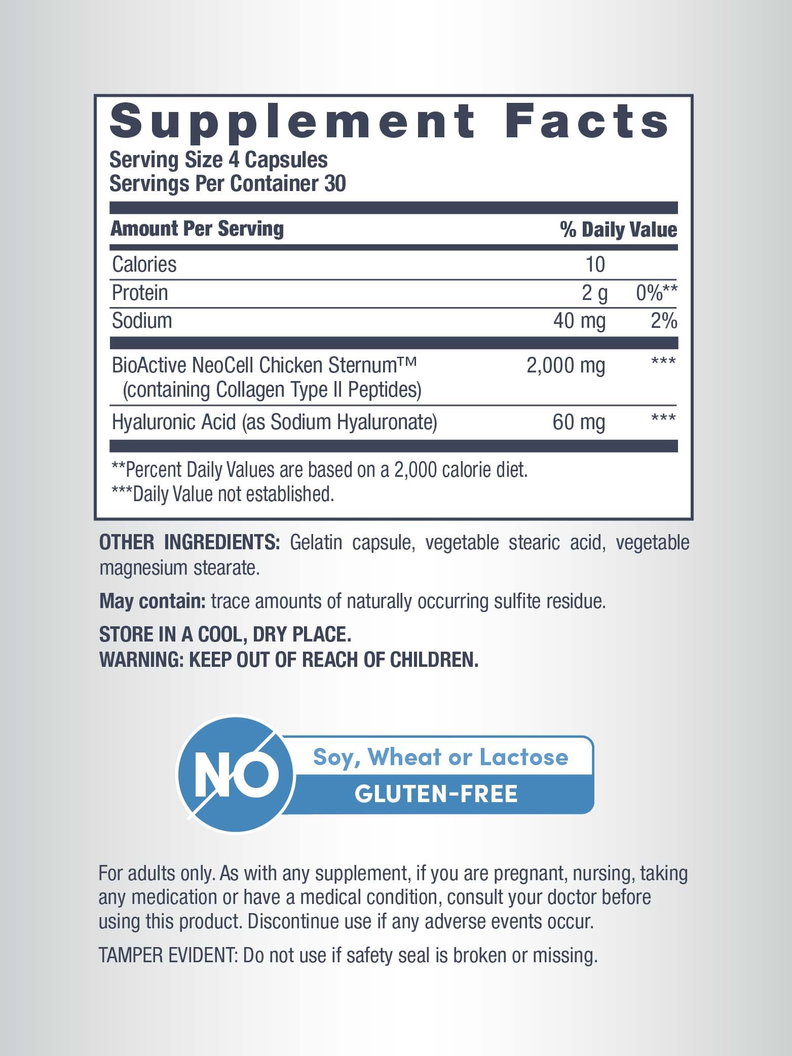Label detail of NeoCell Joint Complex highlighting collagen type II and HA.
