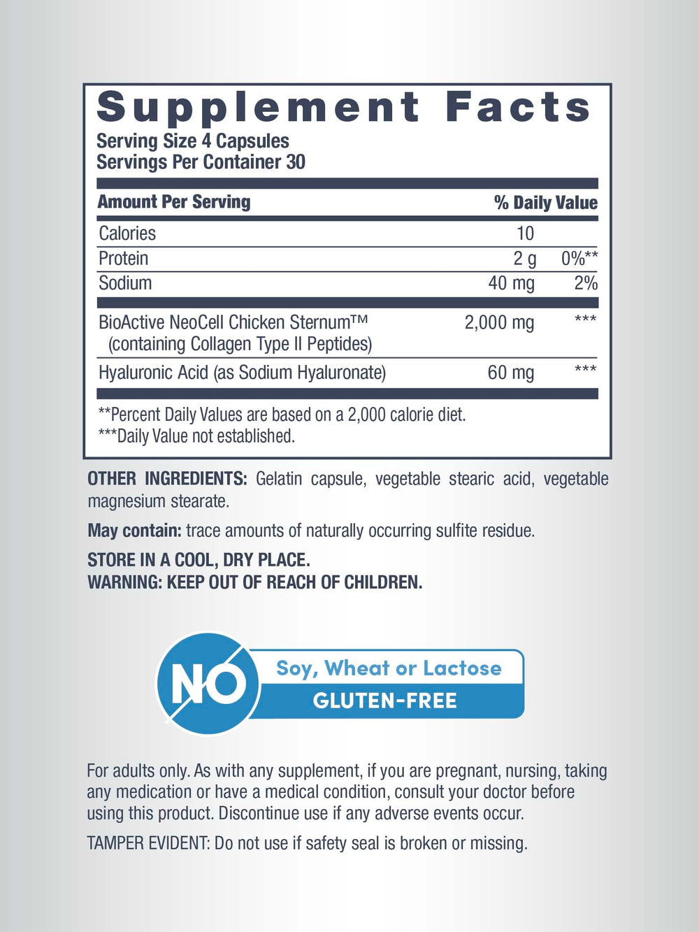 Label detail of NeoCell Joint Complex highlighting collagen type II and HA.