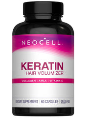 NeoCell Keratin Hair Volumizer bottle with capsules for hair strength and shine.