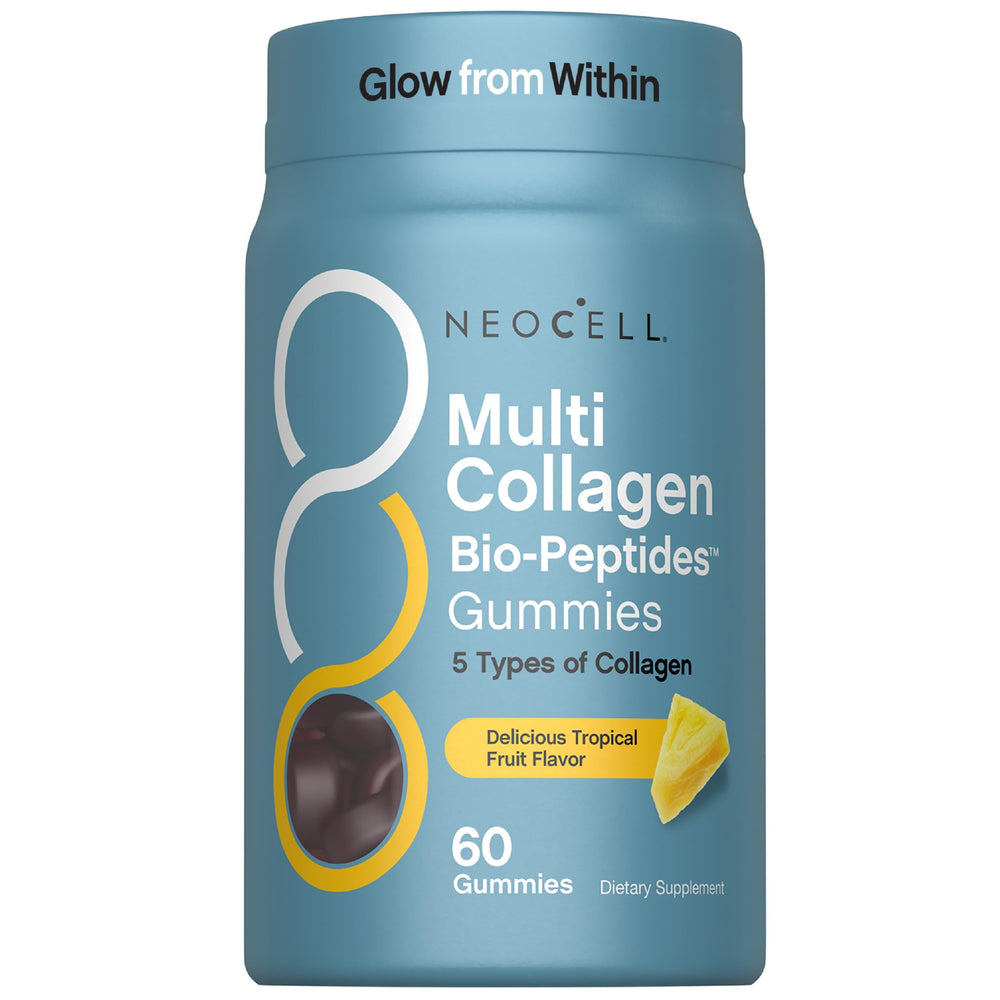 NeoCell Multi Collagen Bio-Peptides Gummies tropical bottle for daily on-the-go routine.