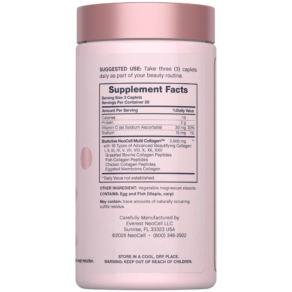 NeoCell Multi Collagen Peptides caplets close-up showing easy-to-swallow daily supplement.