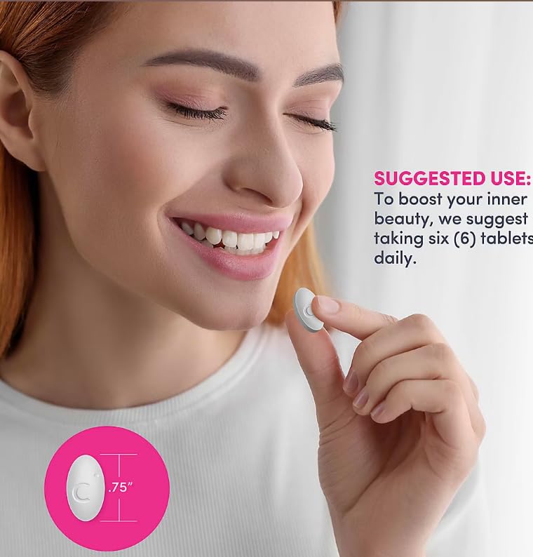 NeoCell Super Collagen + C bottle with glass of water suggests easy daily use.