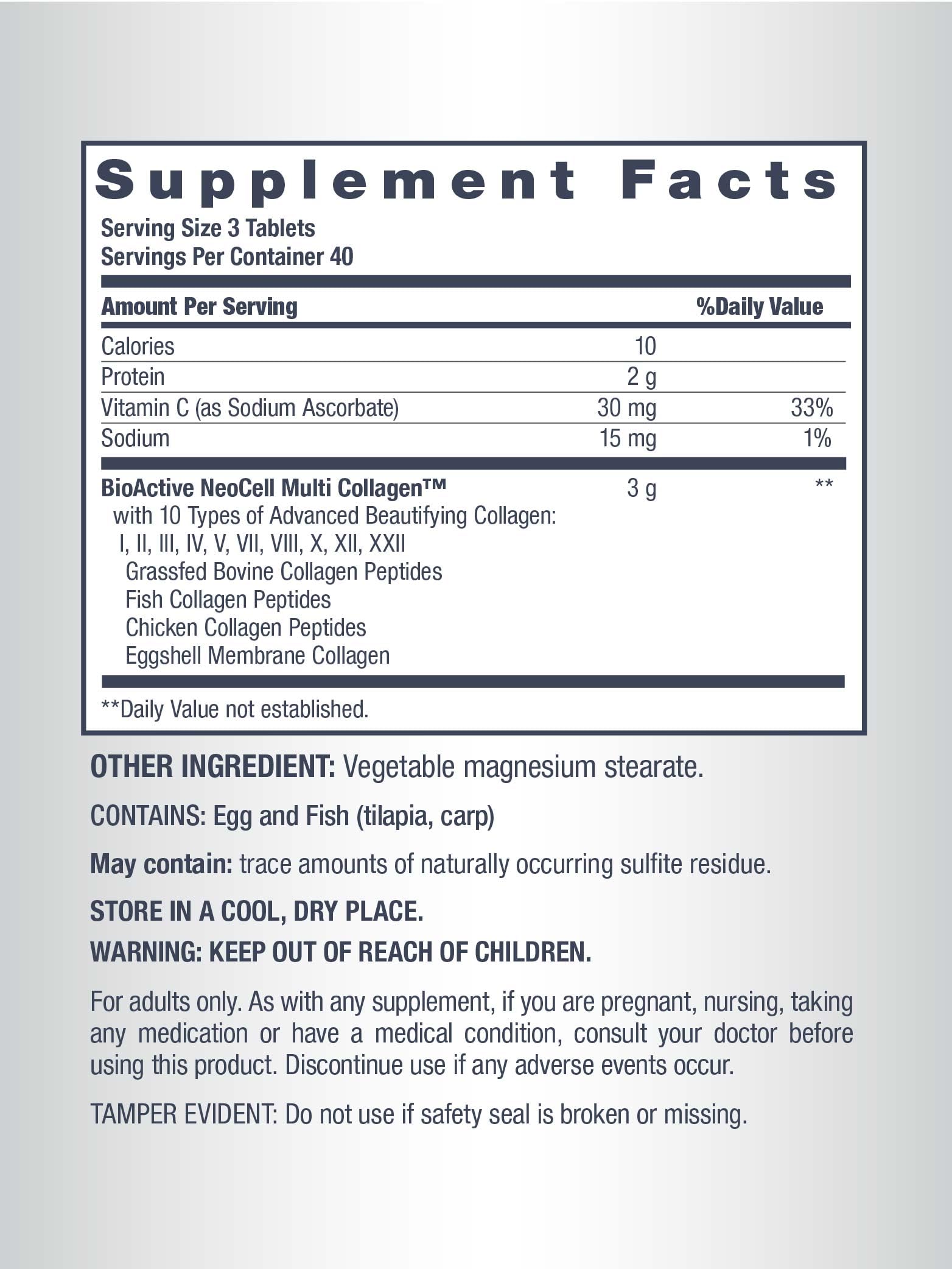 NeoCell Super Multi Collagen bottle label emphasizing gluten-free and non-GMO
