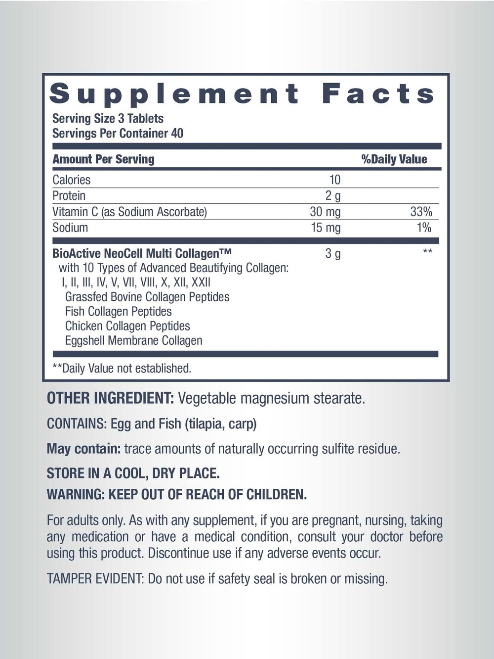 NeoCell Super Multi Collagen bottle label emphasizing gluten-free and non-GMO