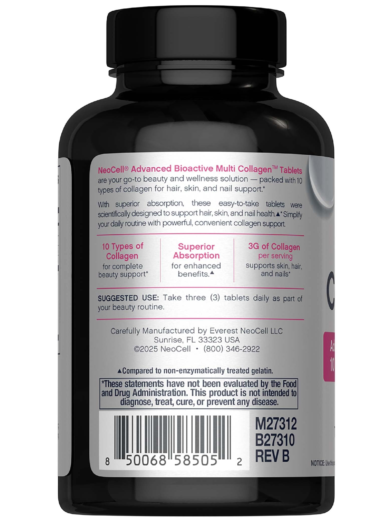 Three-tablet serving shown for daily collagen intake