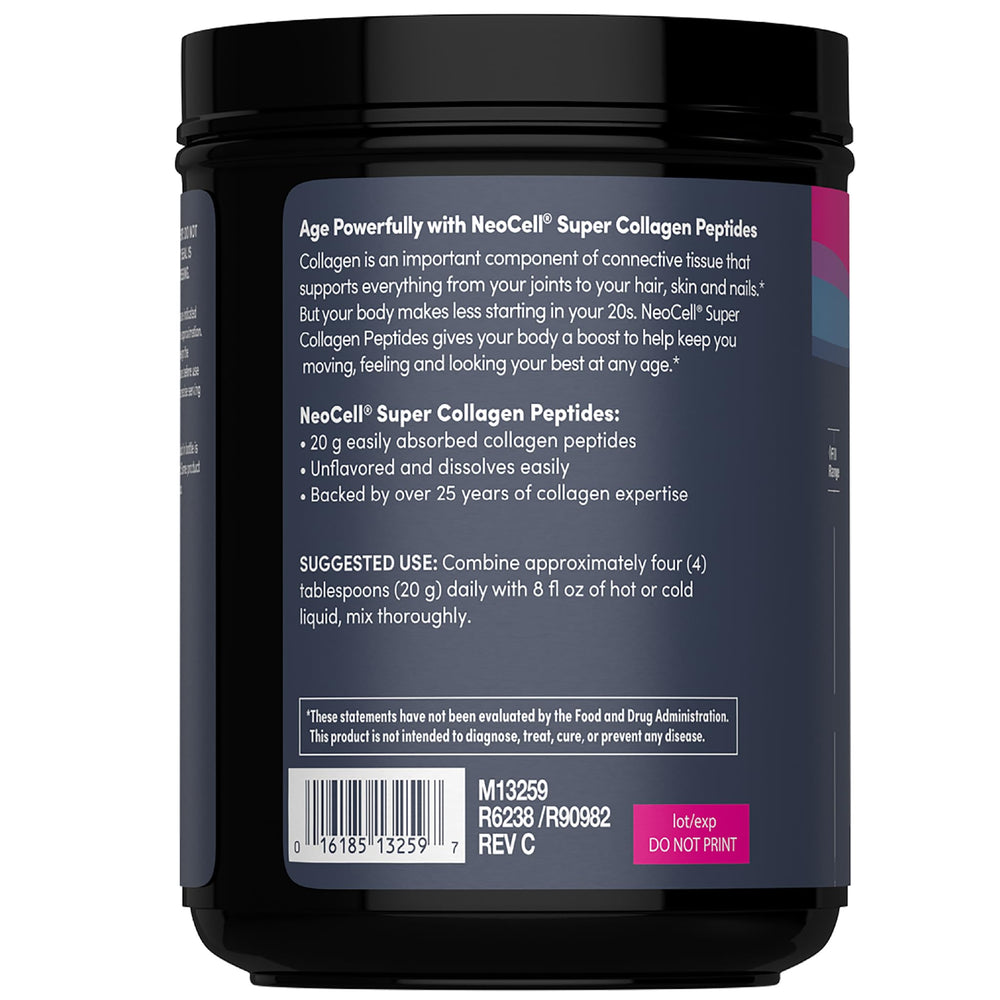 NeoCell unflavored collagen powder beside a glass for easy daily use supporting skin, hair, and nails.