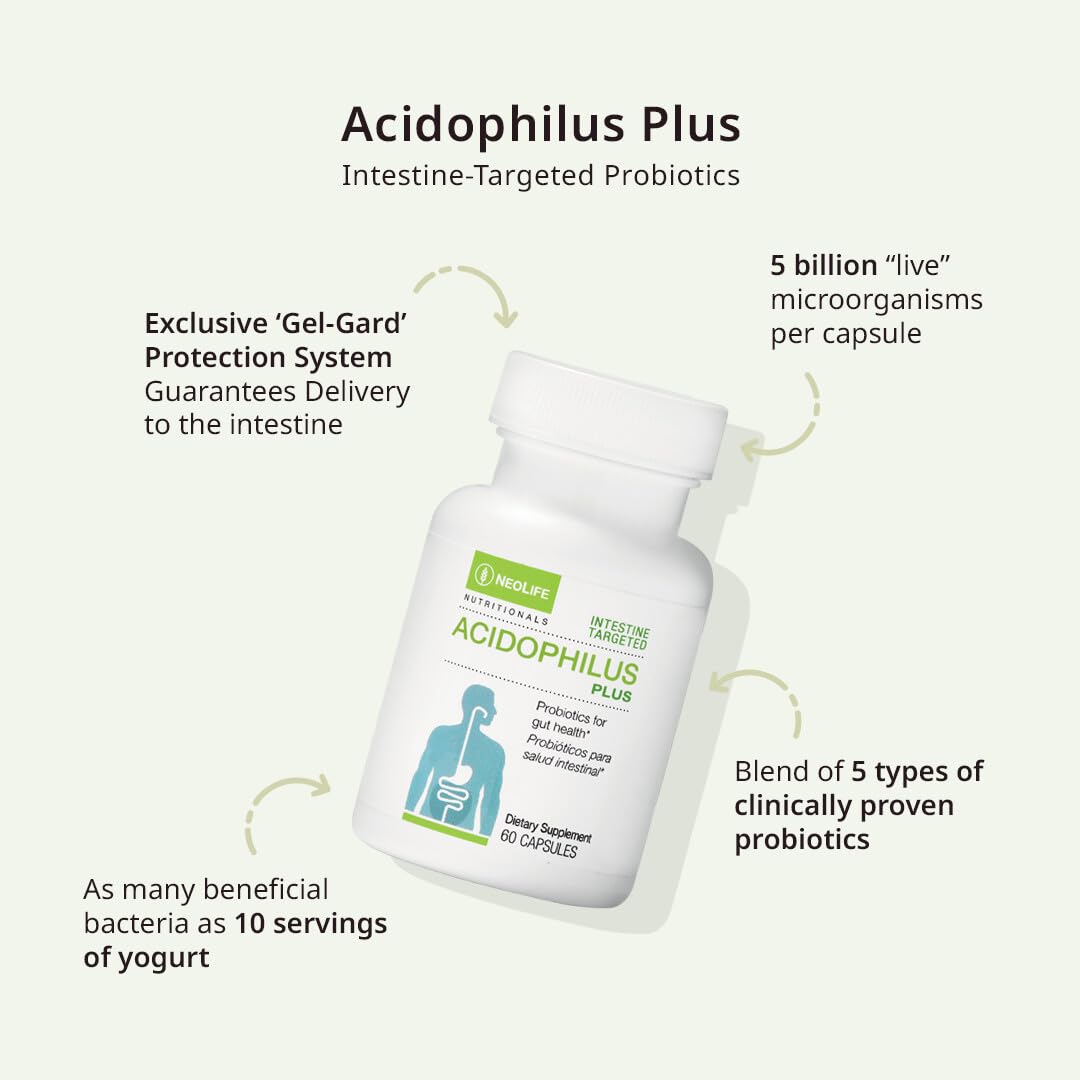 NeoLife Acidophilus Plus bottle top indicating convenient capsule form.