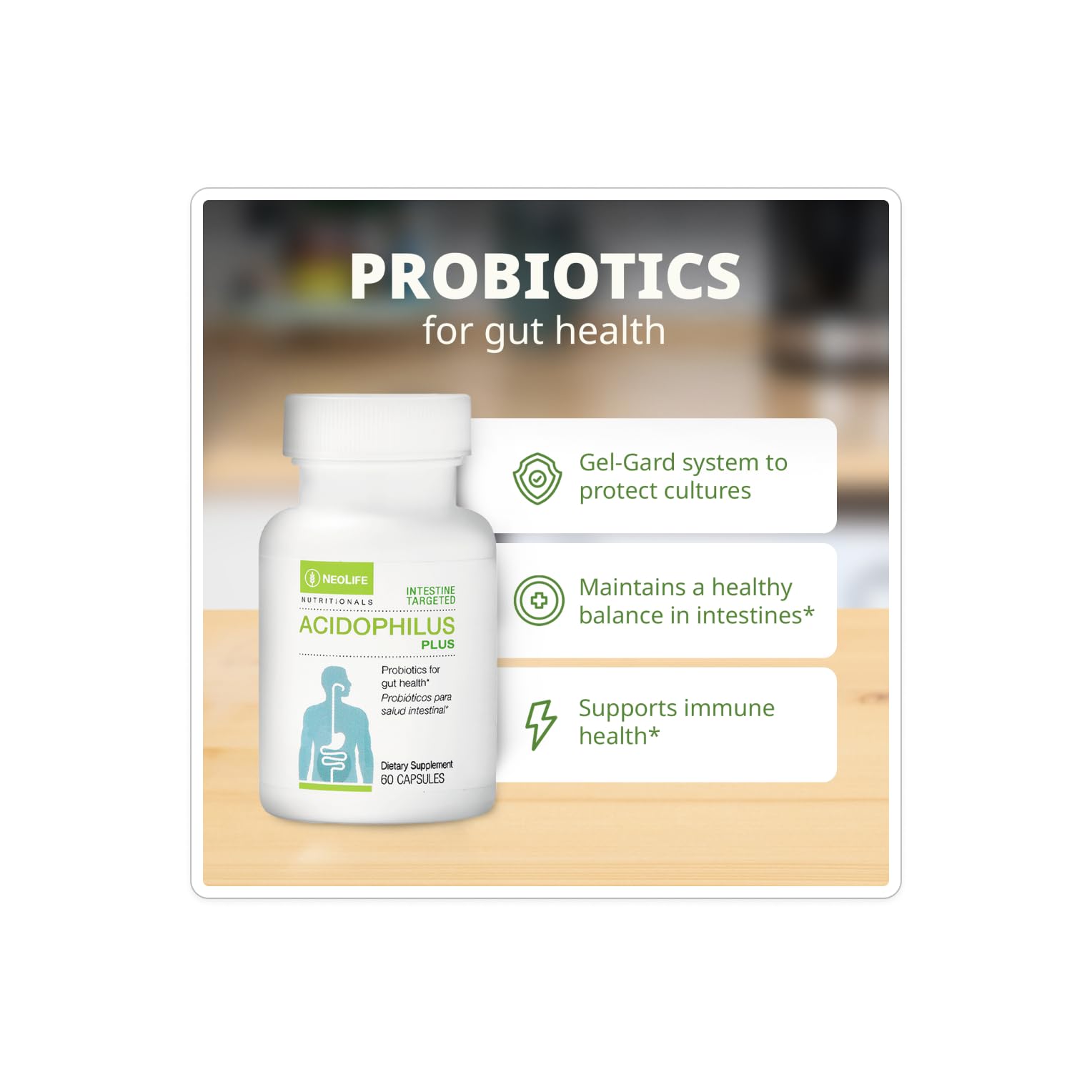 NeoLife Acidophilus Plus capsules close-up for simple swallowing.