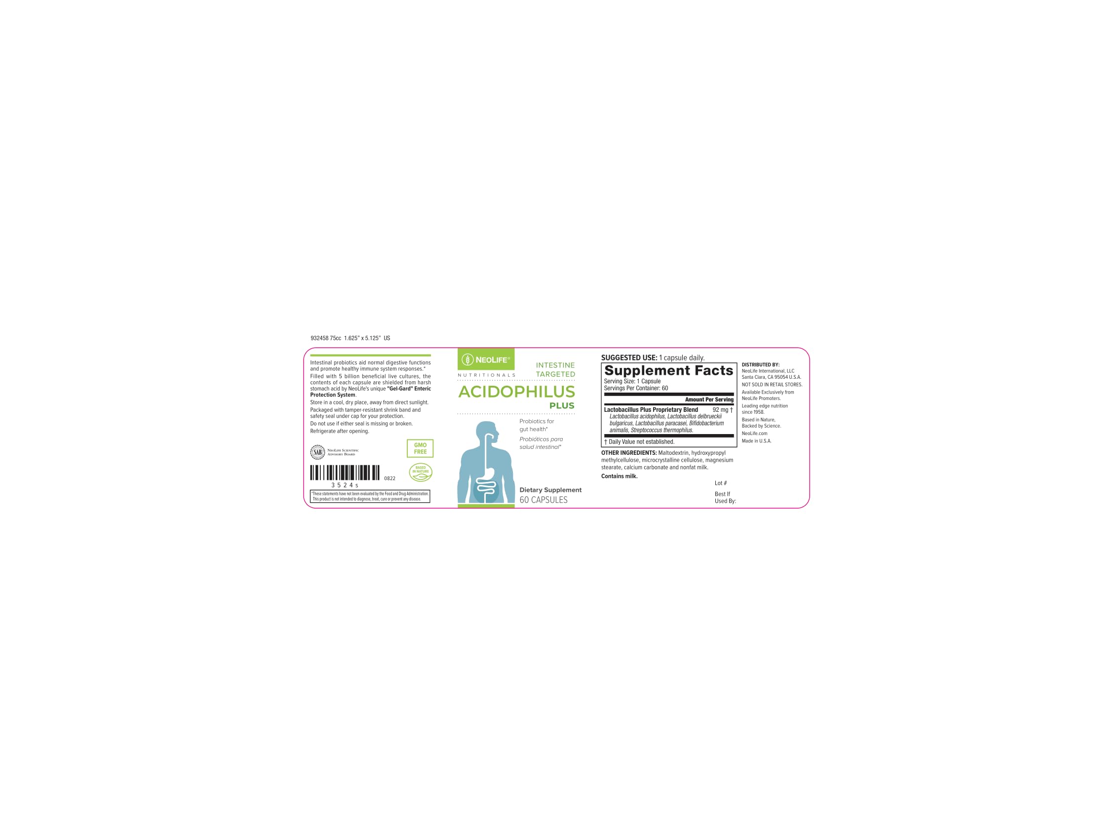NeoLife Acidophilus Plus daily dose reminder with 60 capsules.
