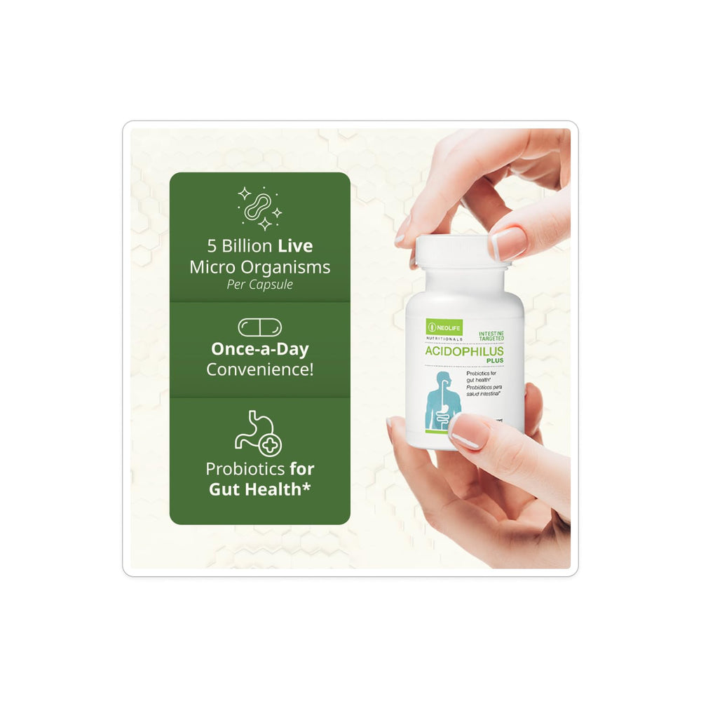 NeoLife Acidophilus Plus label detail highlighting five probiotic strains.
