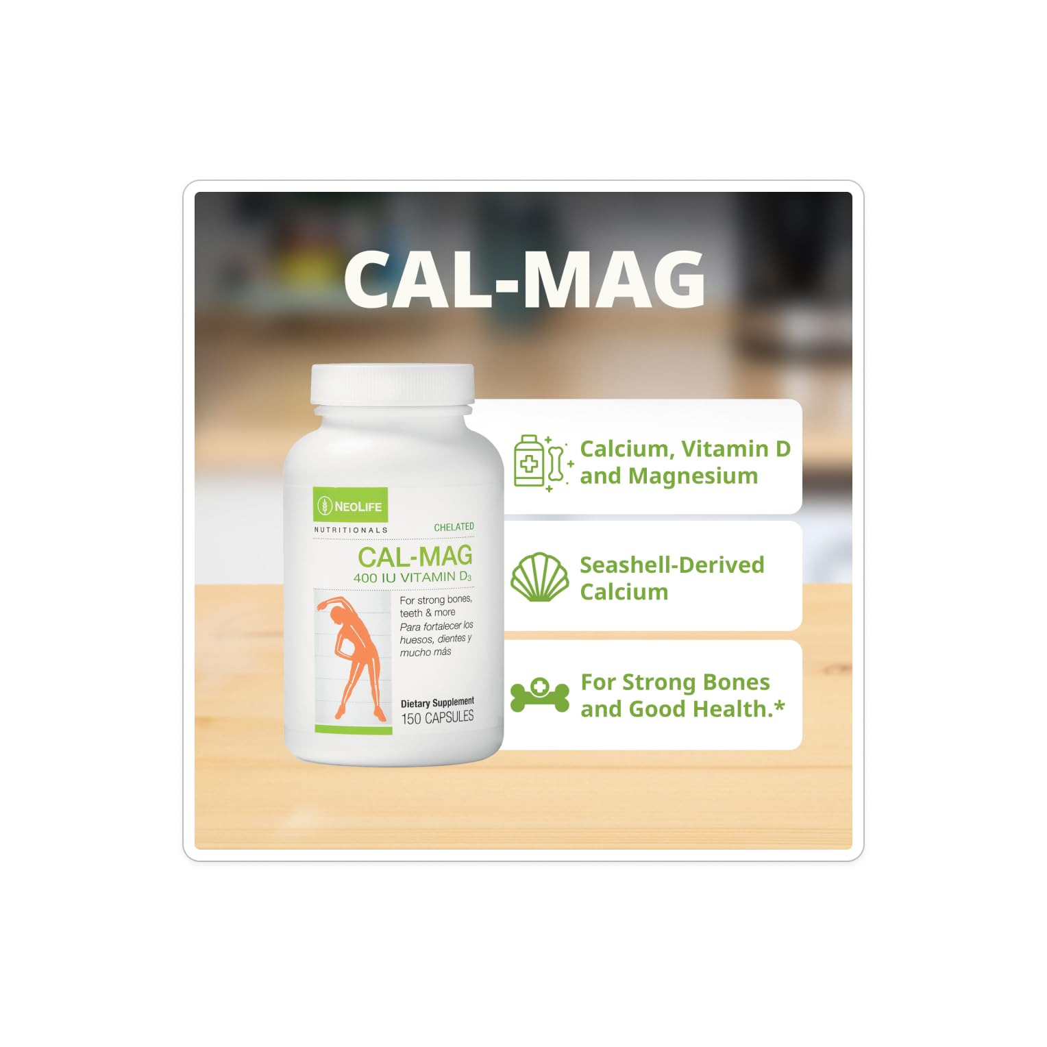 Close-up of NeoLife Cal-Mag capsules emphasizing chelated minerals and absorption
