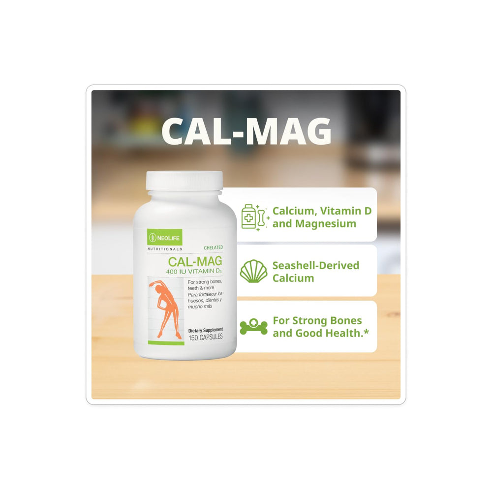 Close-up of NeoLife Cal-Mag capsules emphasizing chelated minerals and absorption
