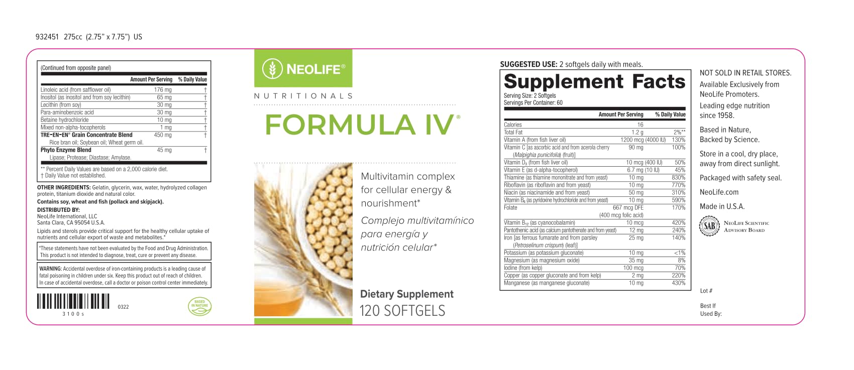 Two NeoLife Formula IV Softgels with meals, illustrating daily dosage guidance.