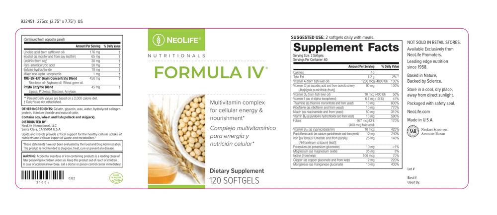 Two NeoLife Formula IV Softgels with meals, illustrating daily dosage guidance.