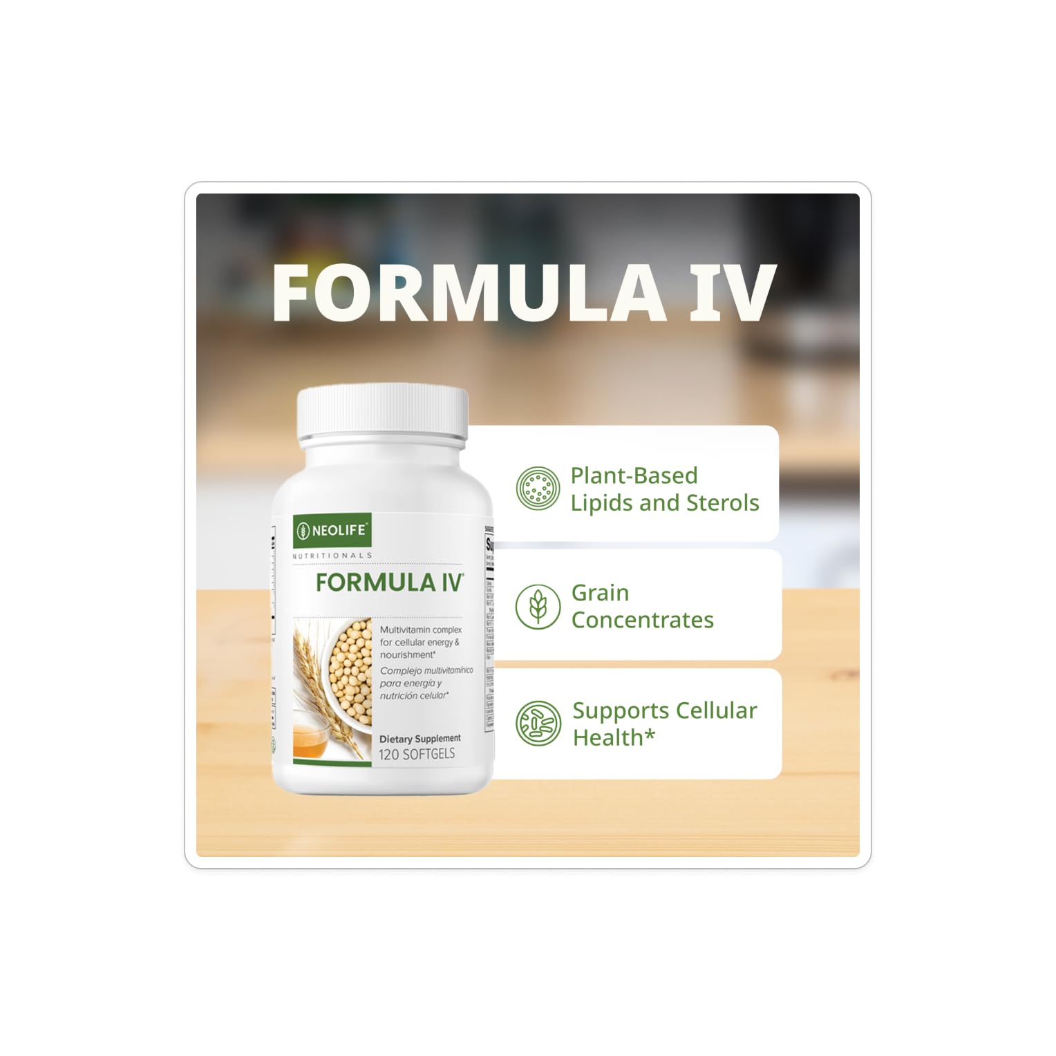 NeoLife Formula IV Softgel capsules in a bottle close-up for simple daily nutrition.