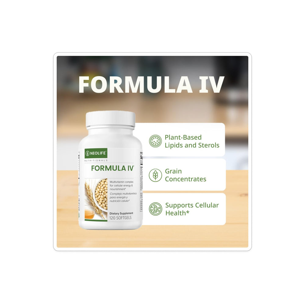 NeoLife Formula IV Softgel capsules in a bottle close-up for simple daily nutrition.