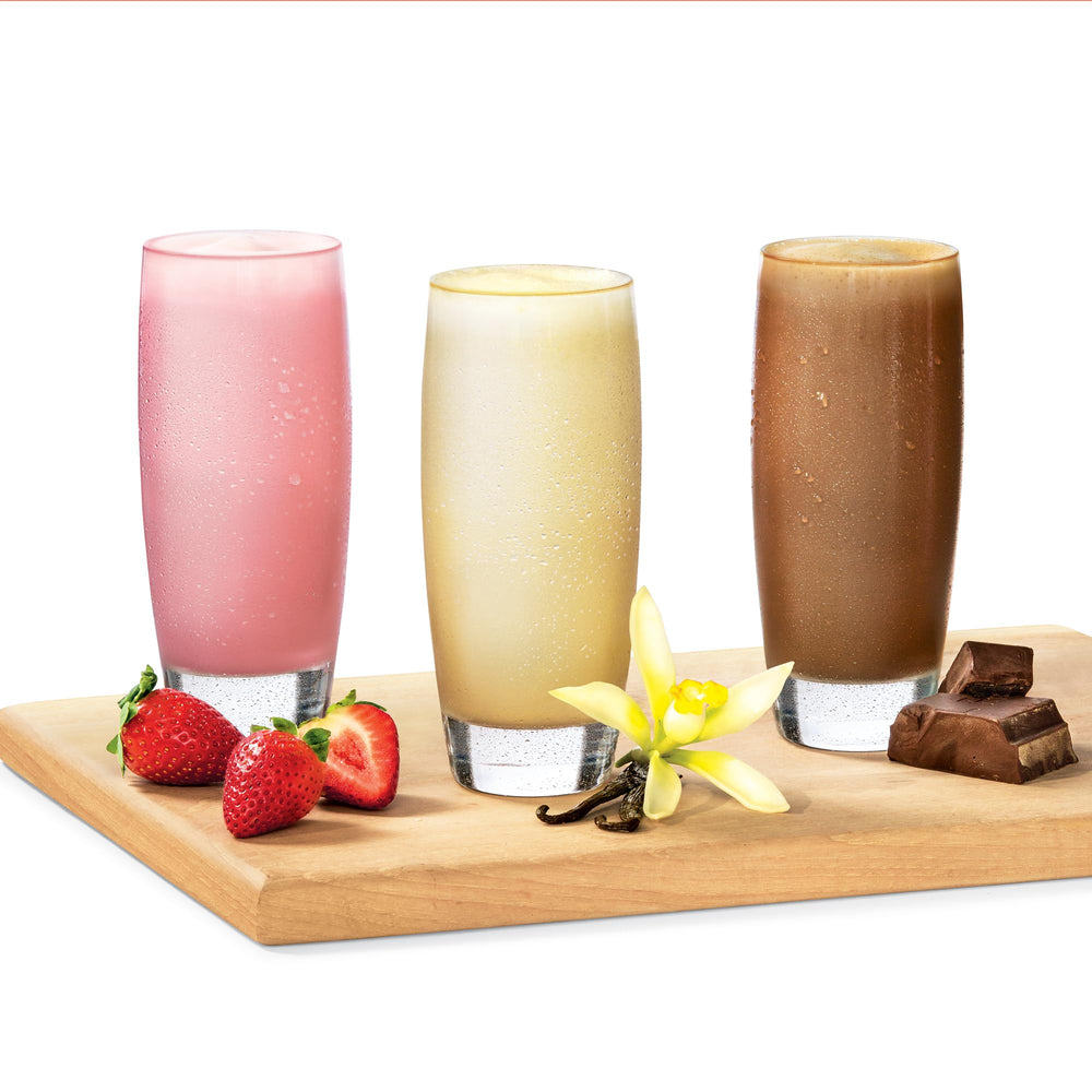 NeoLife Shake on counter with berries emphasizes flavor and convenience