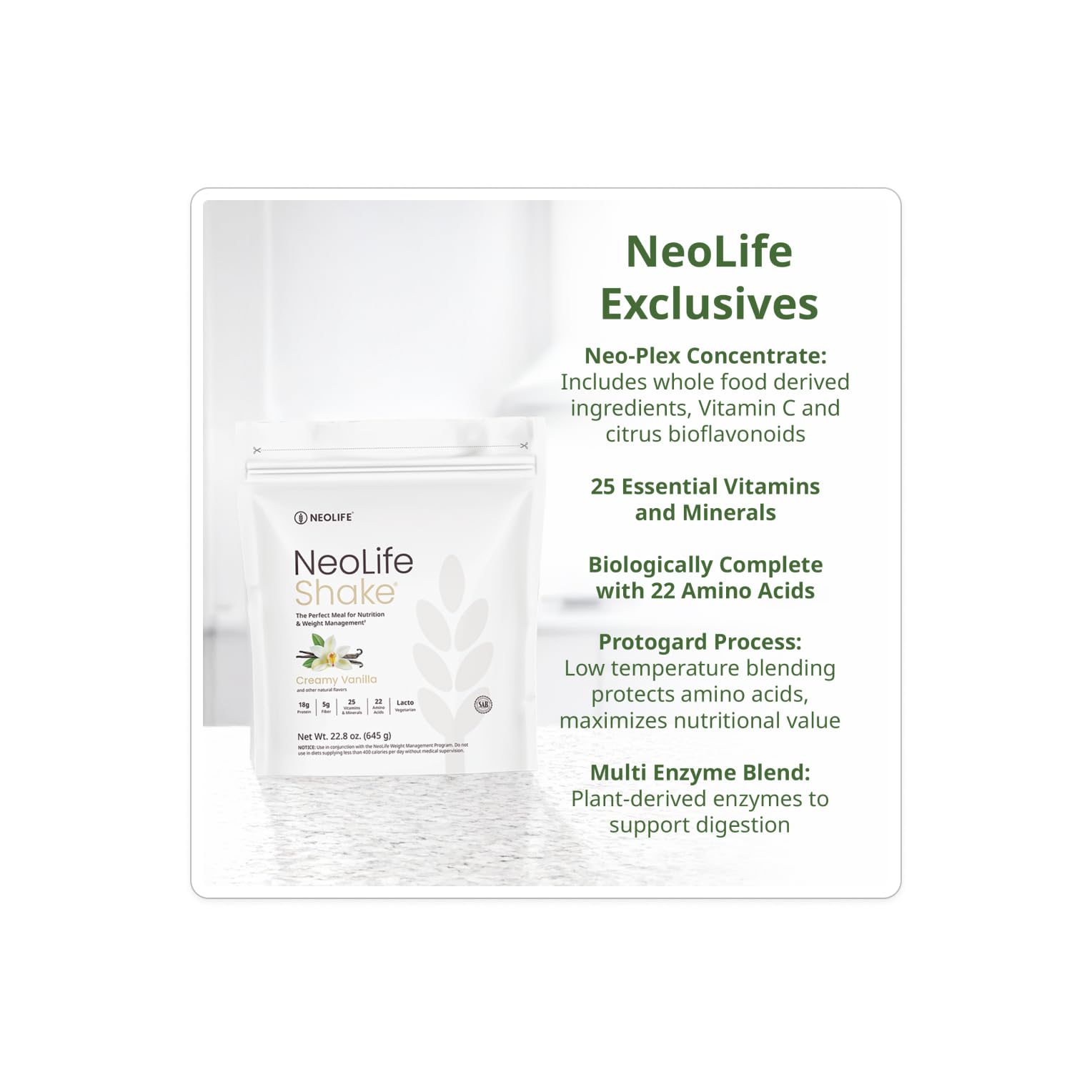NeoLife Shake nutrition label highlighting protein and vitamins
