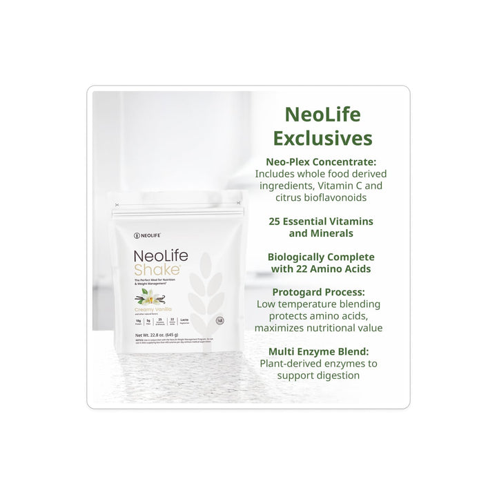 NeoLife Shake nutrition label highlighting protein and vitamins