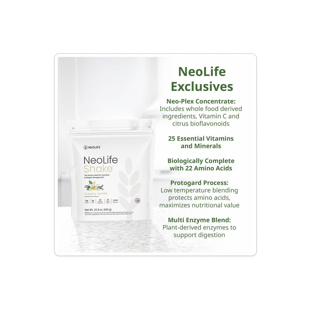 NeoLife Shake nutrition label highlighting protein and vitamins