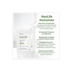 NeoLife Shake nutrition label highlighting protein and vitamins