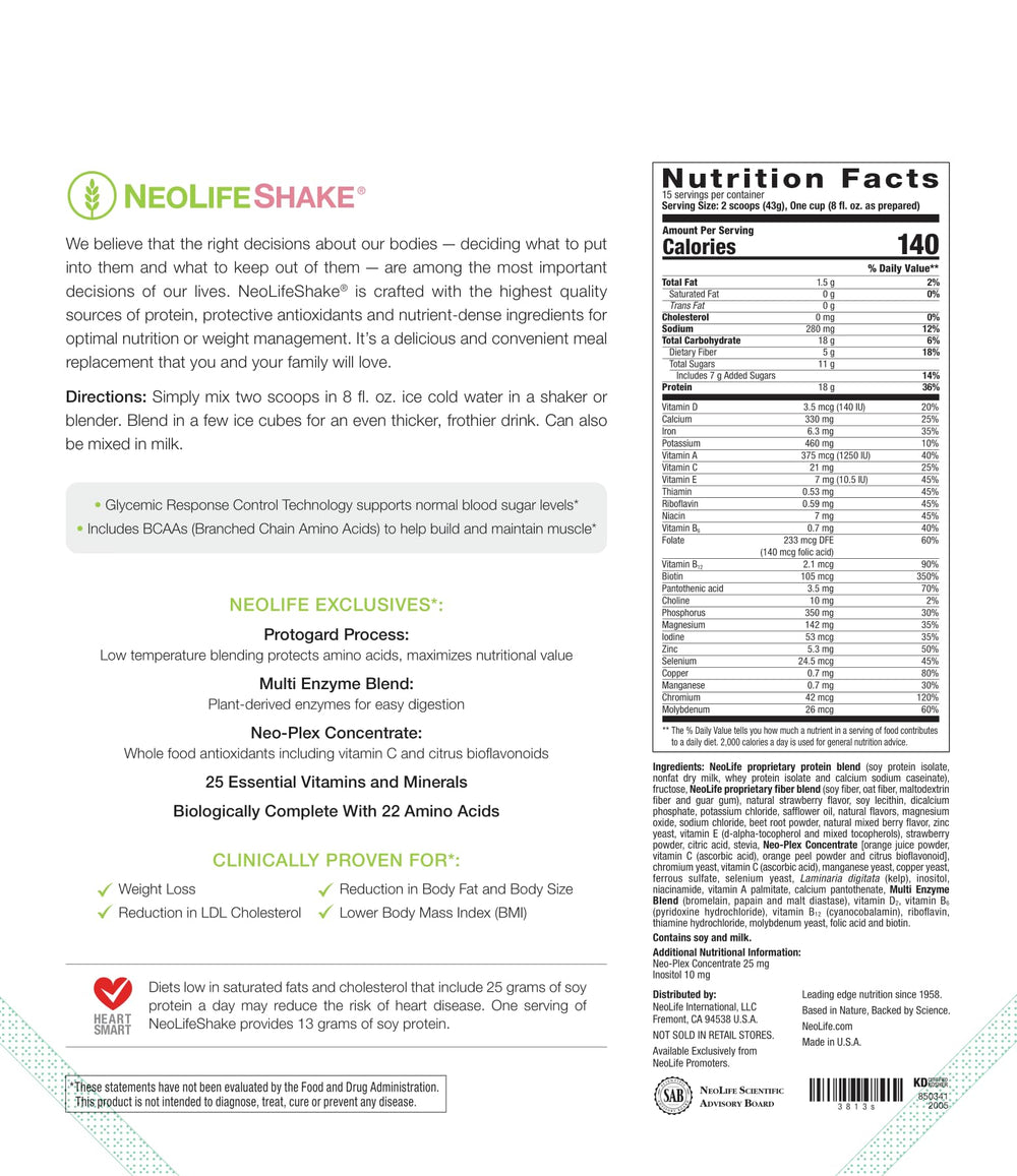 NeoLife Shake ready-to-mix powder shown beside glass and ice