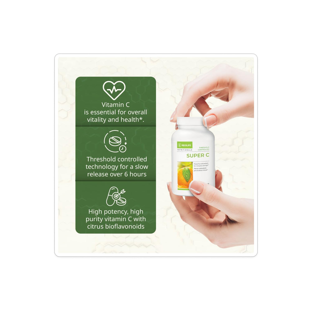NeoLife Super C orange juice powder and acerola cherries visual for natural vitamin C.