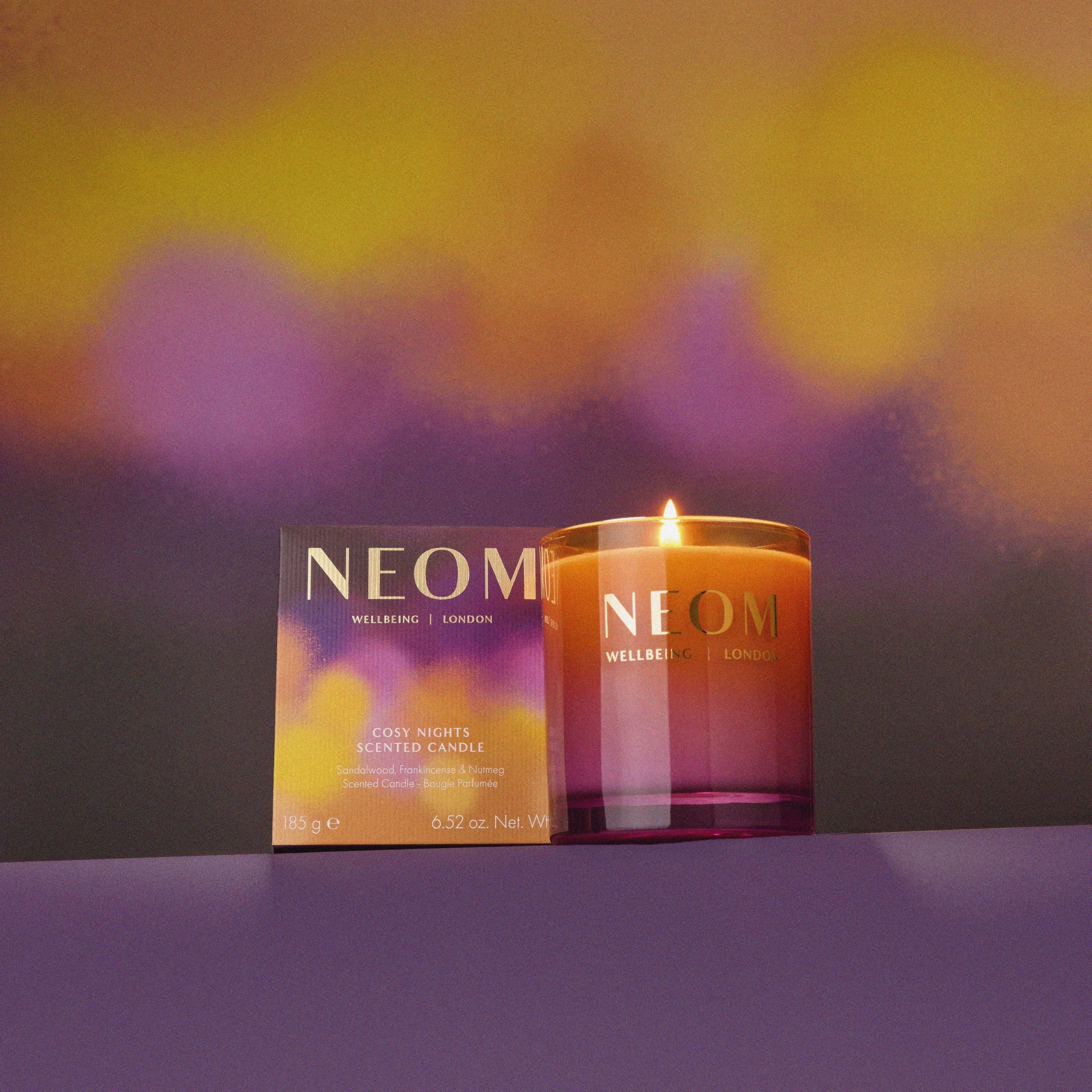 Neom Cosy Nights Candle highlighting nutmeg notes for festive warmth