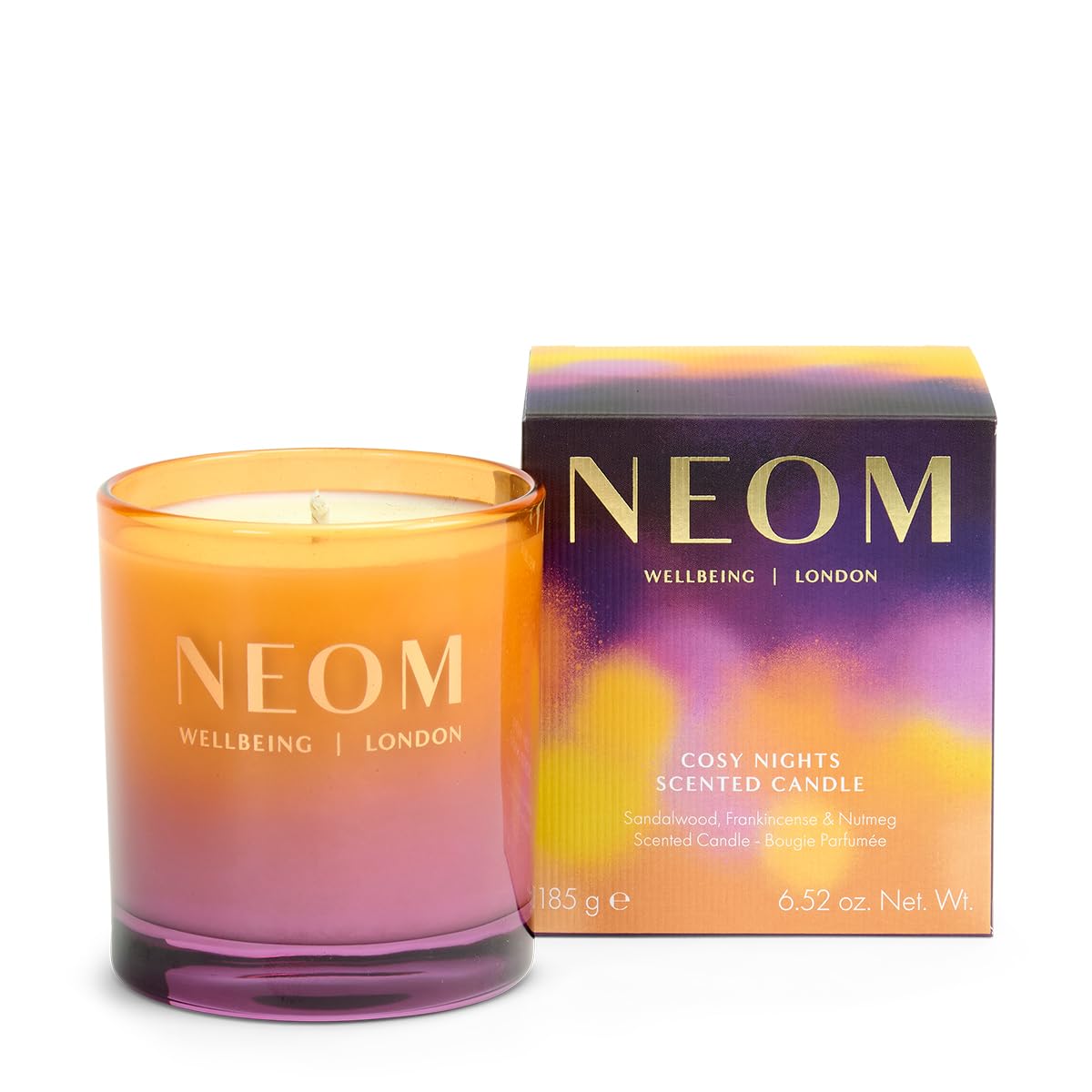 Neom Cosy Nights Candle with sandalwood notes creates a relaxing ambience for calm evenings