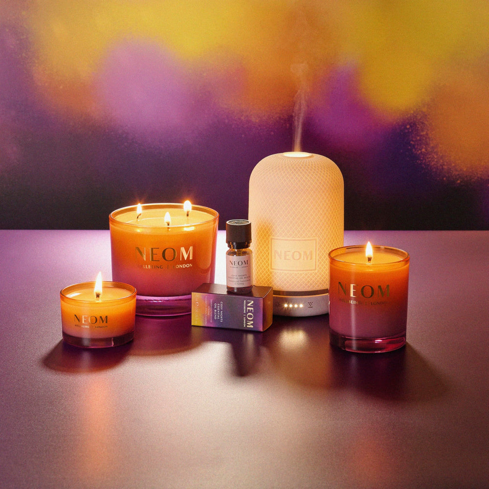 NEOM Cosy Nights candle with wooden lid detail