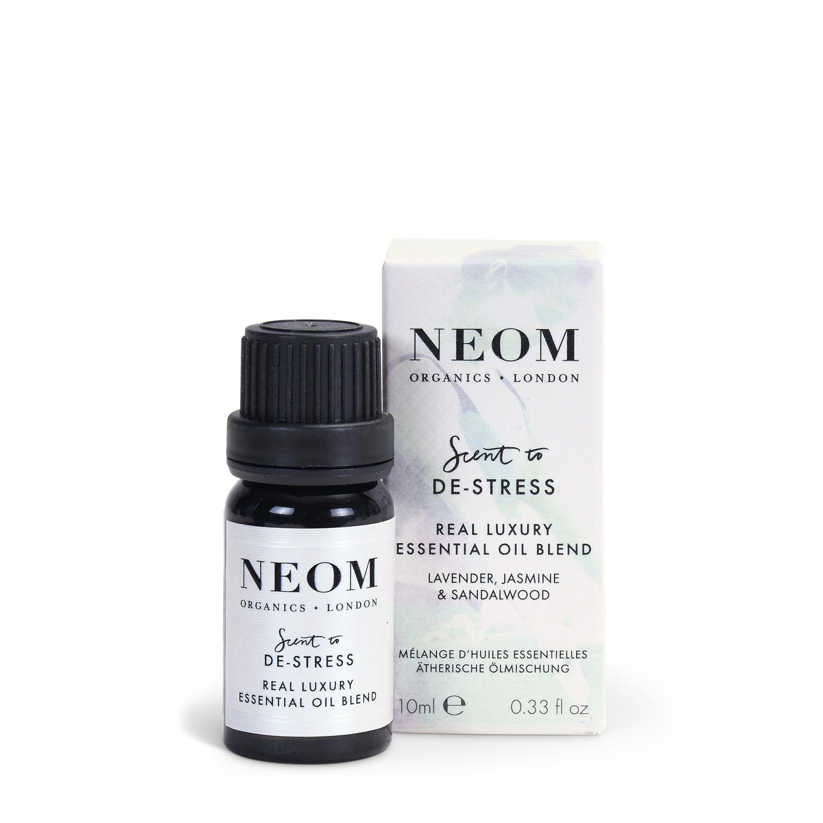 NEOM essential oil blend lavender bottle promotes relaxation with calming aroma.