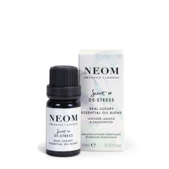 NEOM essential oil blend lavender bottle promotes relaxation with calming aroma.
